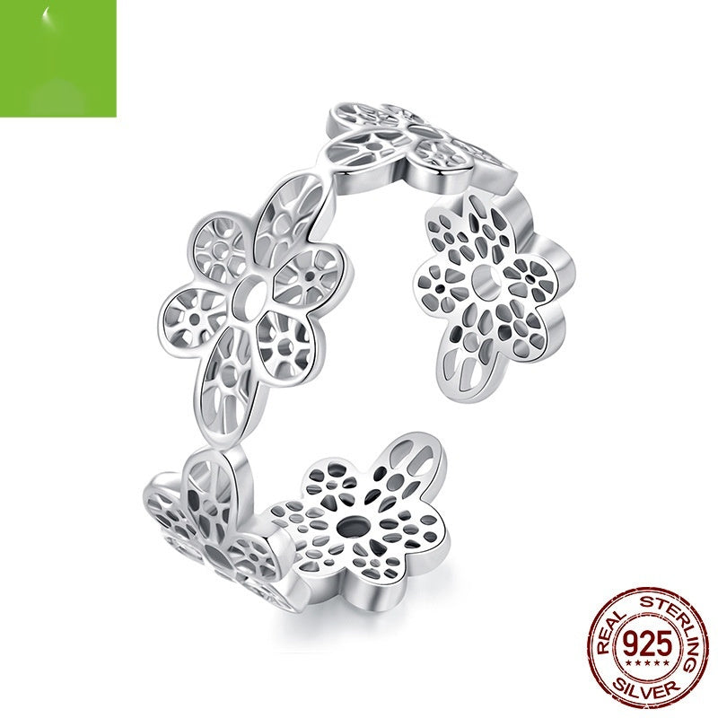 925 Sterling Silver Niche High-grade Hollow Lace Small Flower Open Ring