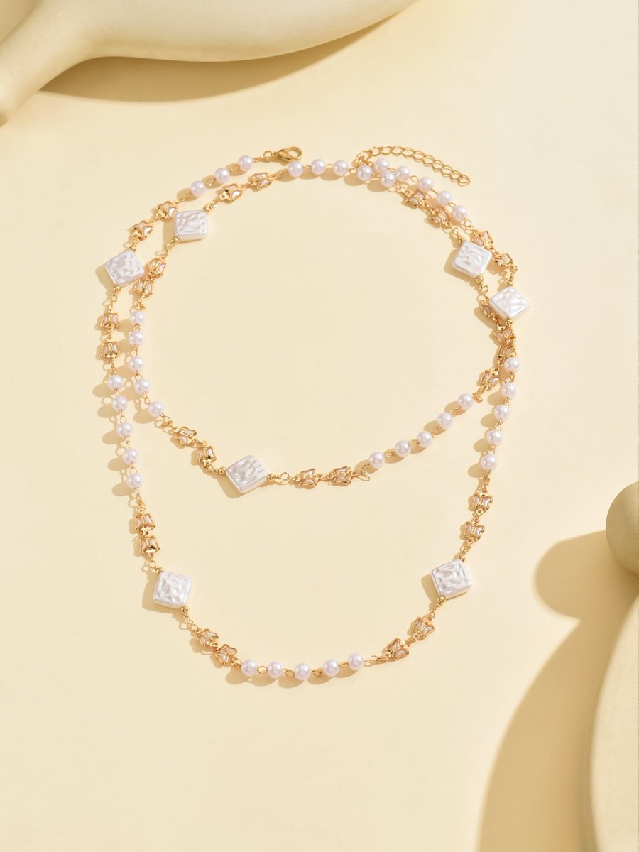 Elegant Double Layer Pearl And Square Bead Necklace