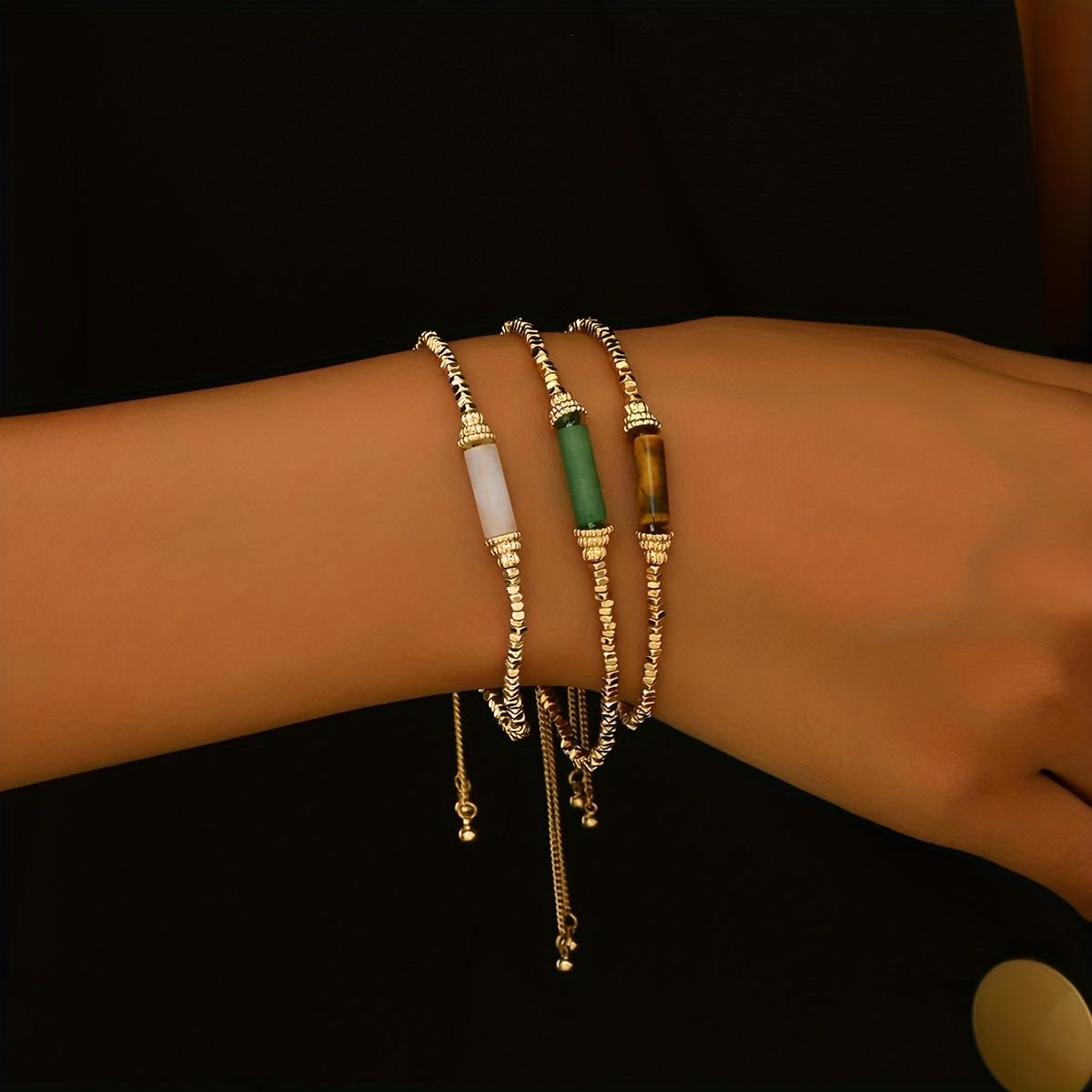 Chic Gold-Tone Beaded Bracelet Set - Boho Style Stackable Bangles With Colorful Accents