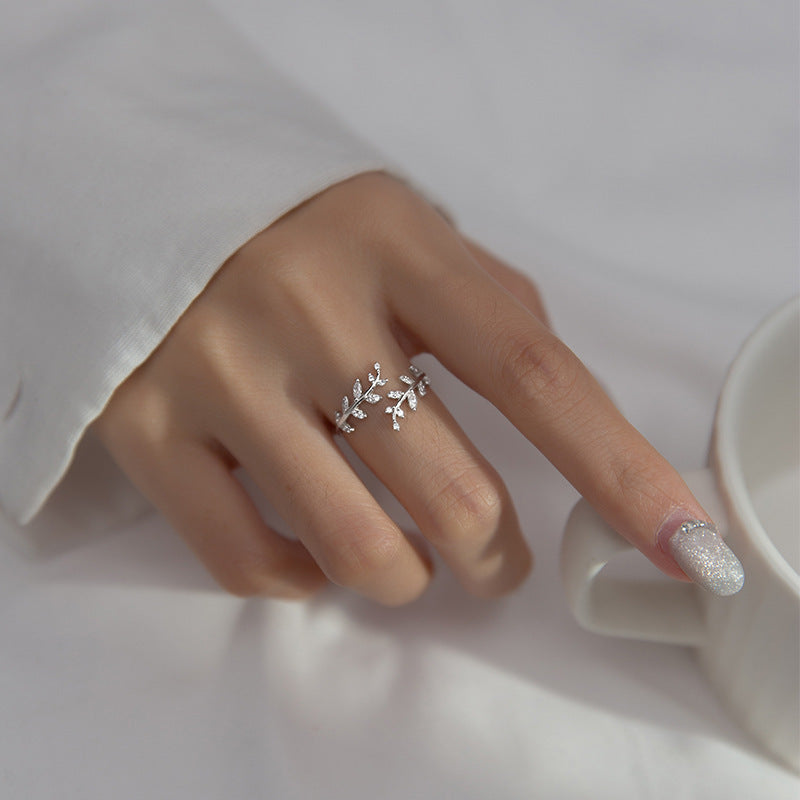 S925 Sterling Silver Diamond Leaf Ring