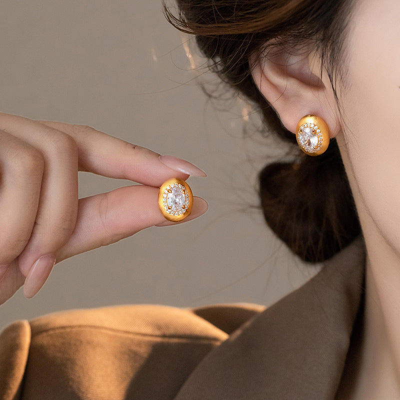 Simple Gold Brushed Zircon Stud Earrings