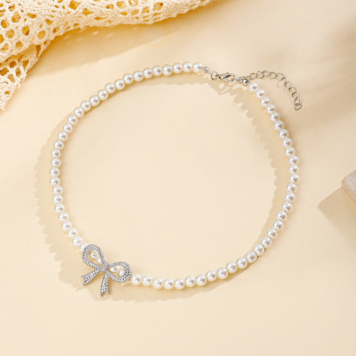 Pearl Necklace With Diamond Bow