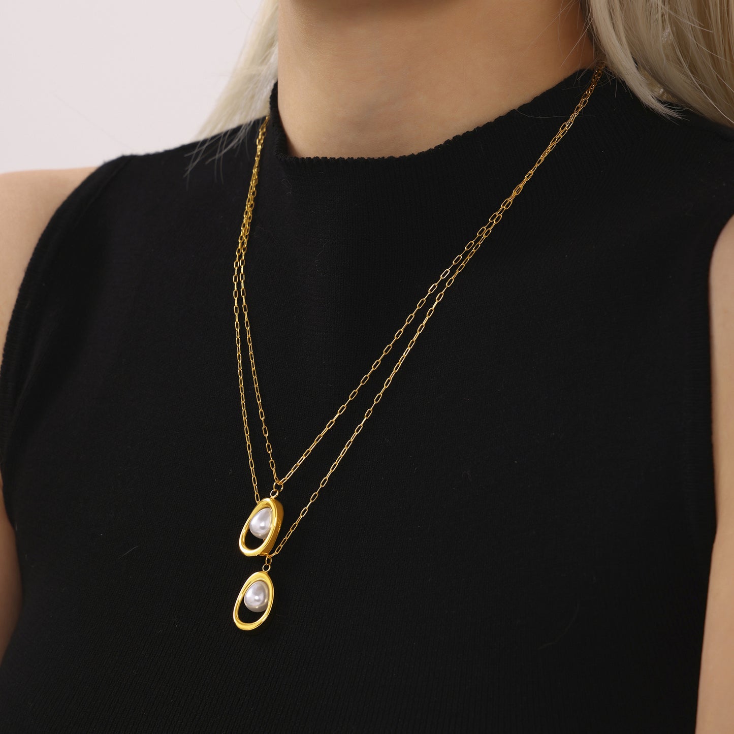 Stainless Steel Gold Ingot Pearl Necklace