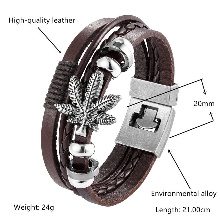 Genuine Leather Bracelet Vintage Ribbon Maple Leaf Ornament
