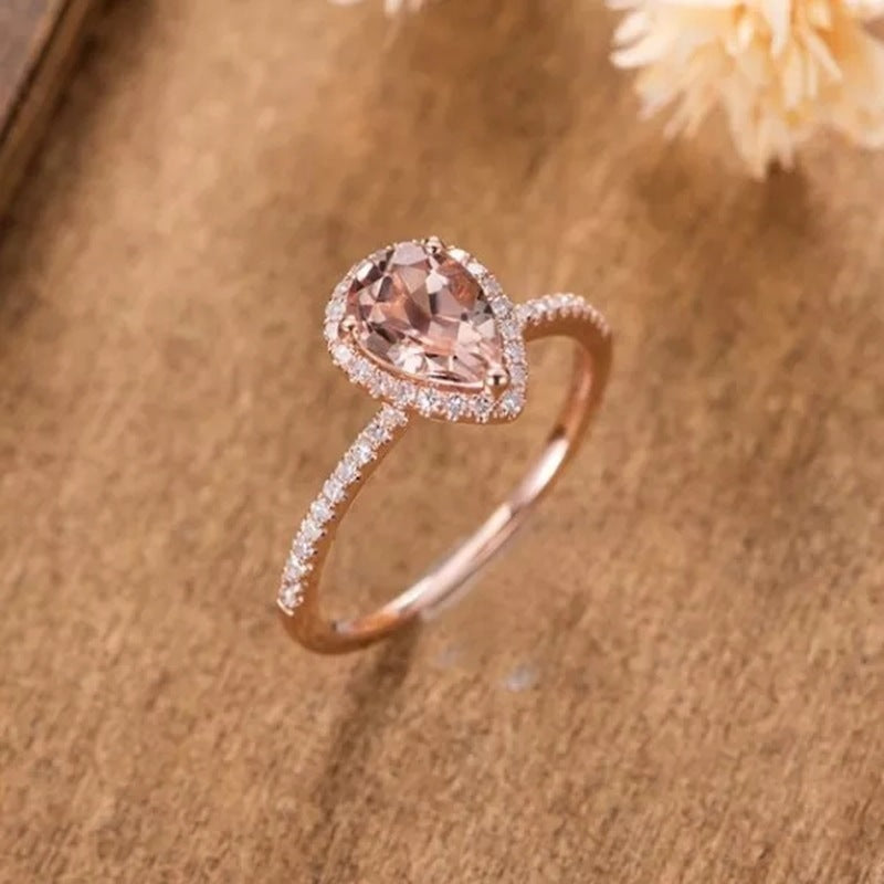 18K Rose Gold Plated Inlaid Pink Crystal Water Drop Pear-shaped Ring
