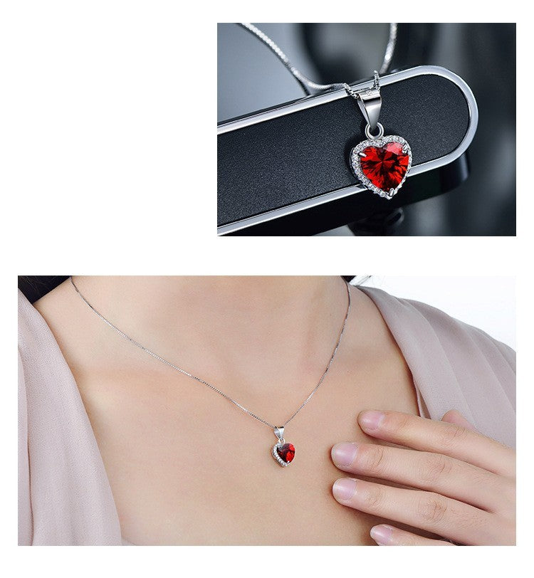 S925 Sterling Silver Heart-shaped Red Diamond Necklace