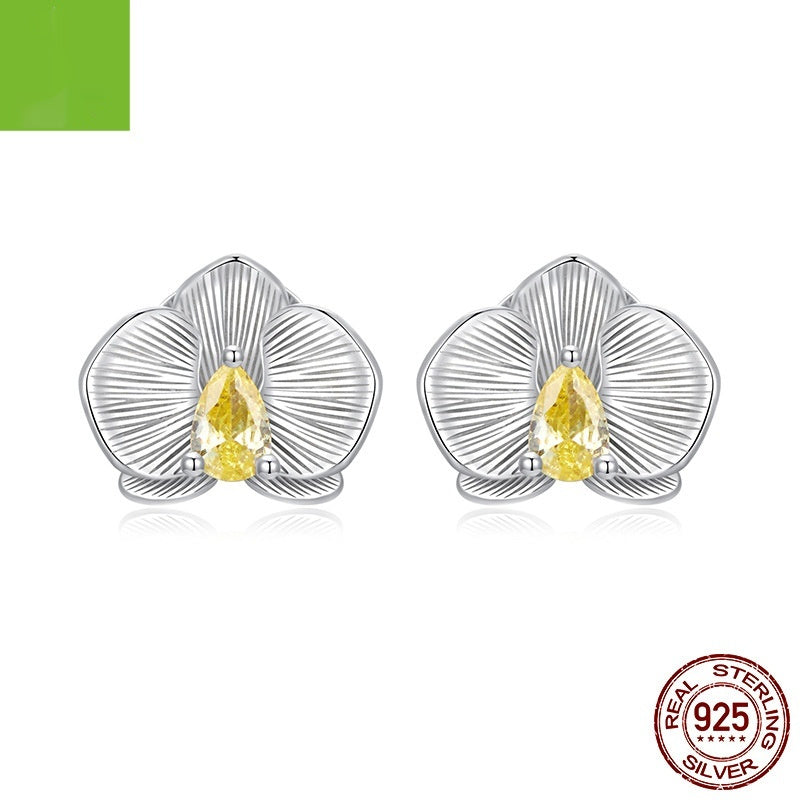 Sterling Silver White Gold Plated Phalaenopsis Stud Earrings
