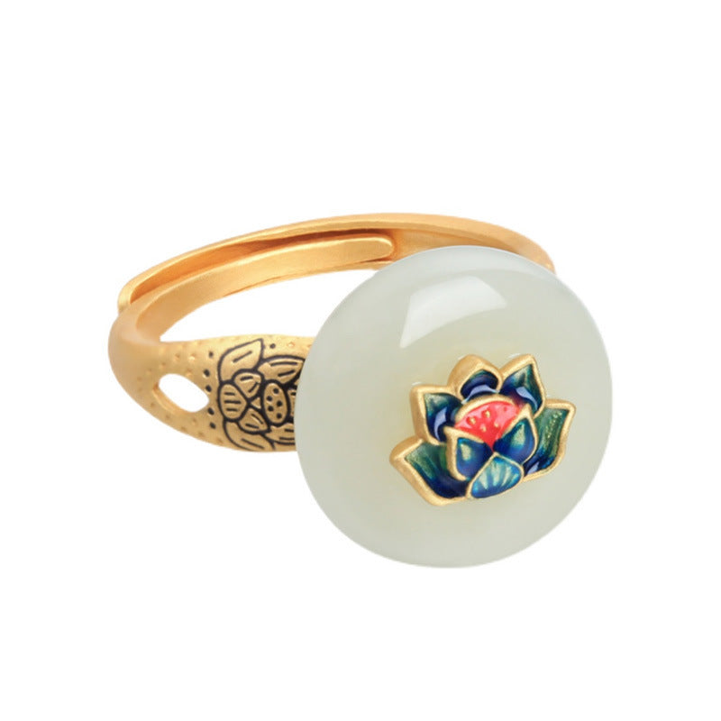 Gold Inlaid Hetian Jade Enamel Lotus Open Ring