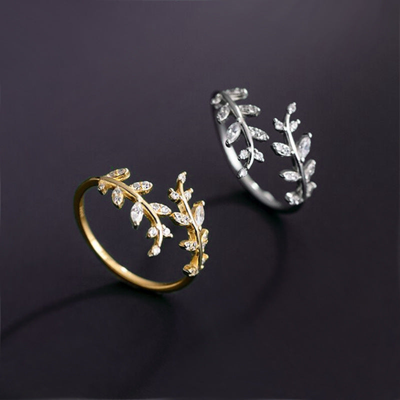 S925 Sterling Silver Diamond Leaf Ring