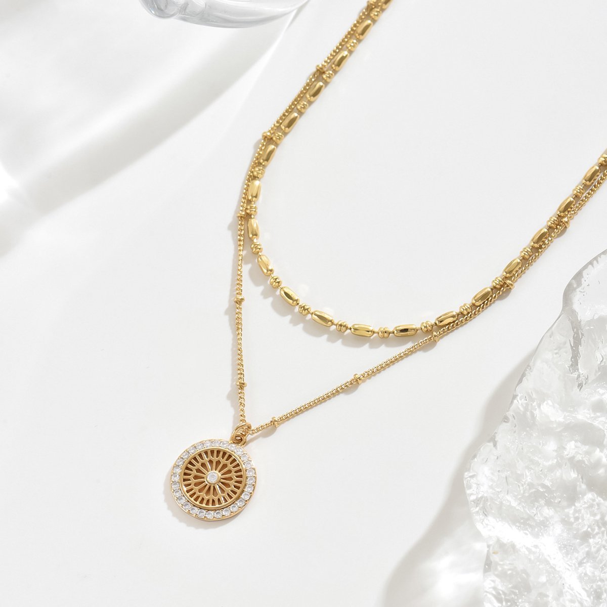 Elegant Gold Layered Necklace Set With Crystal Medallion Pendant