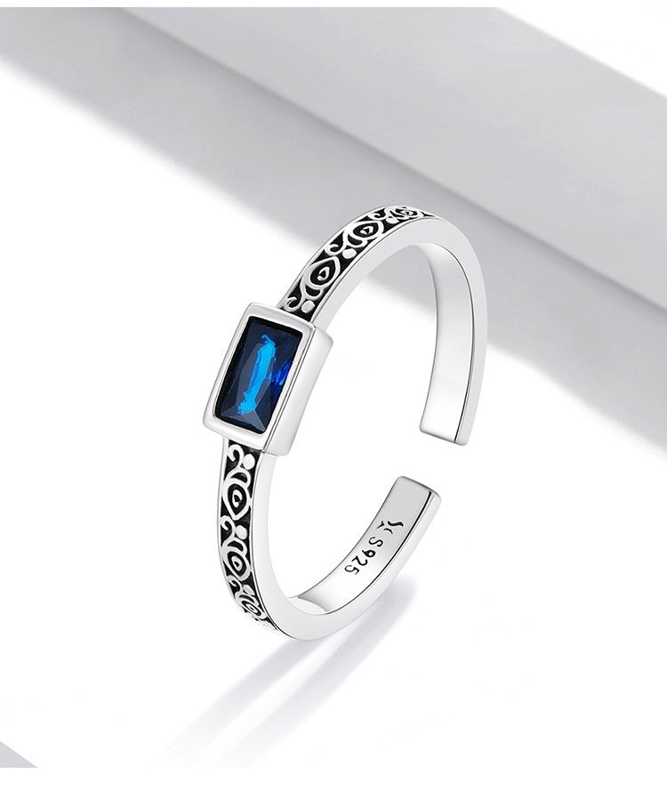 Sterling Silver Retro Pattern Square Zirconium Open Ring