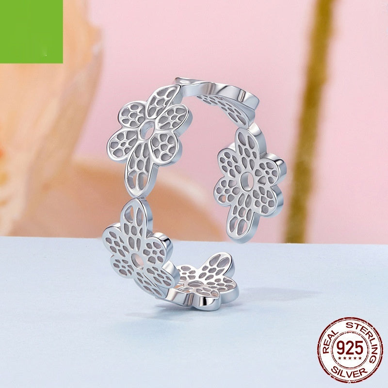 925 Sterling Silver Niche High-grade Hollow Lace Small Flower Open Ring
