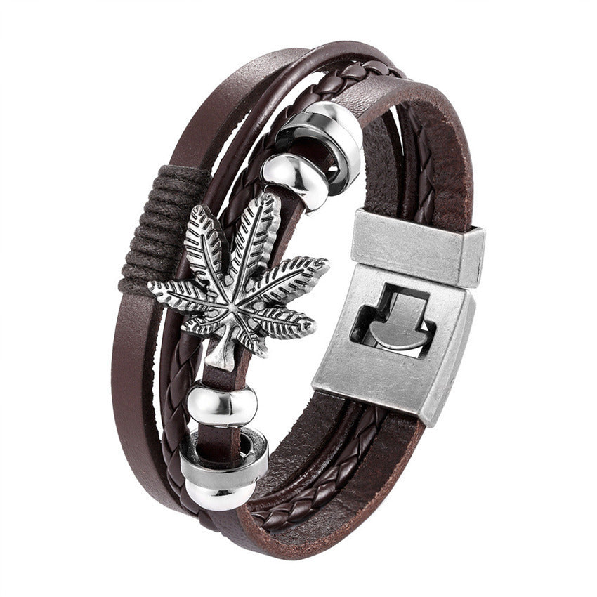 Genuine Leather Bracelet Vintage Ribbon Maple Leaf Ornament