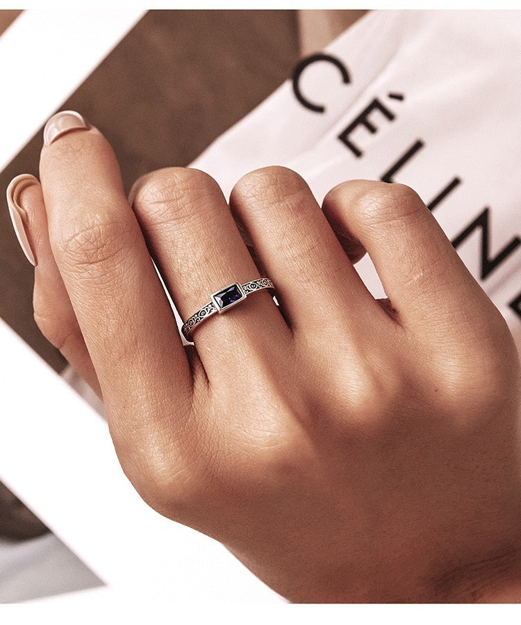 Sterling Silver Retro Pattern Square Zirconium Open Ring