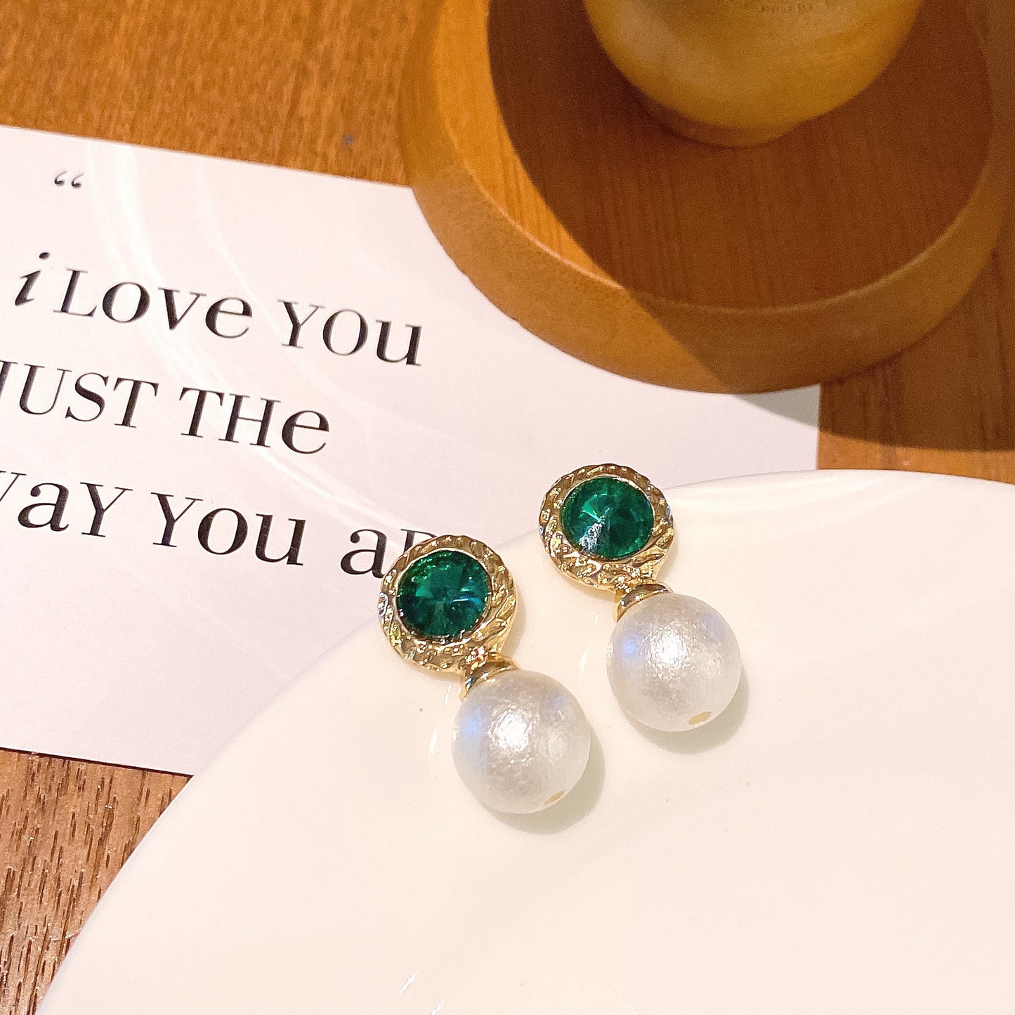 Emerald Rhinestone Pearl Stud Earrings
