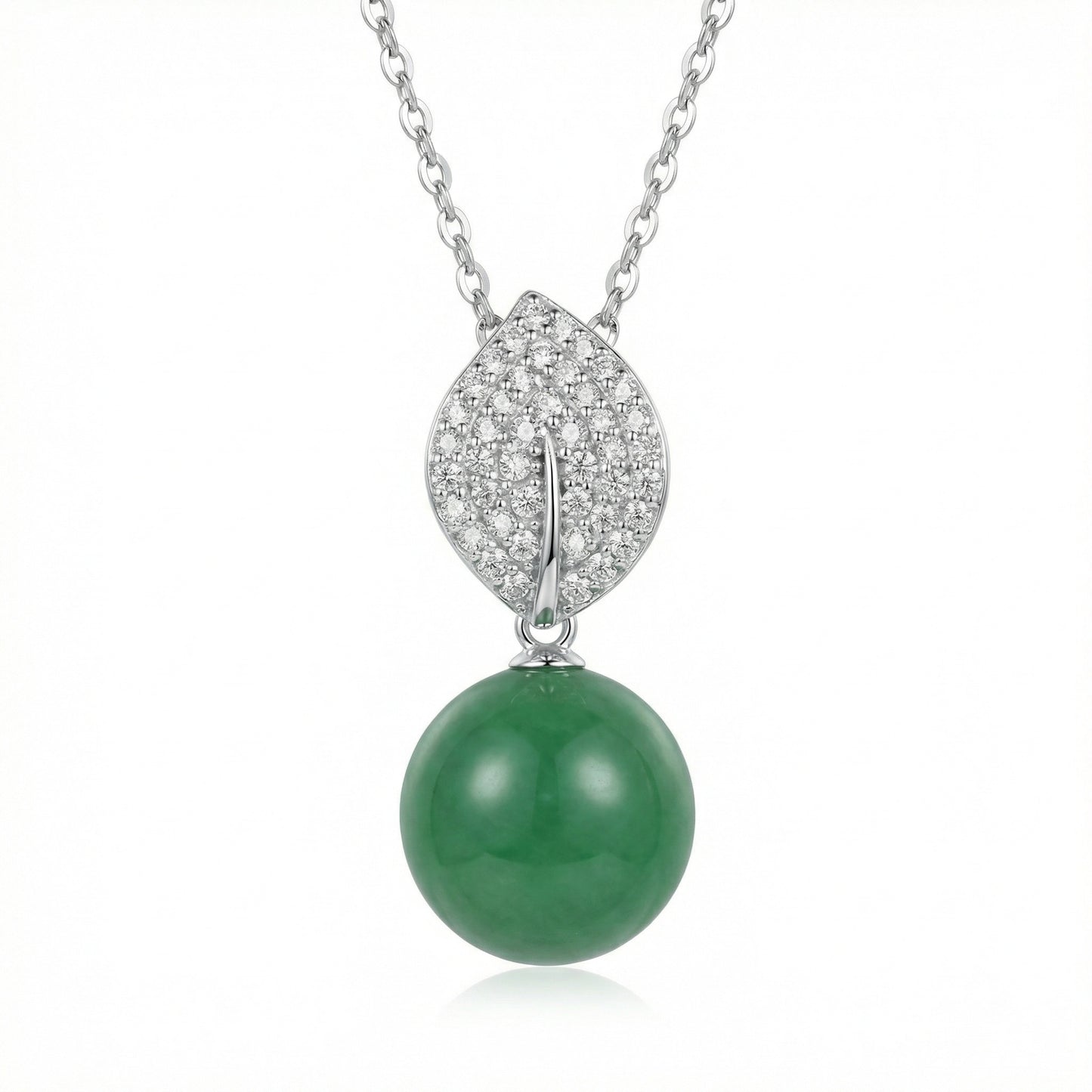 925 Sterling Silver Elegant Silver Necklace featuring a Green Jade Bead and Sparkling Diamond Leaf Bail