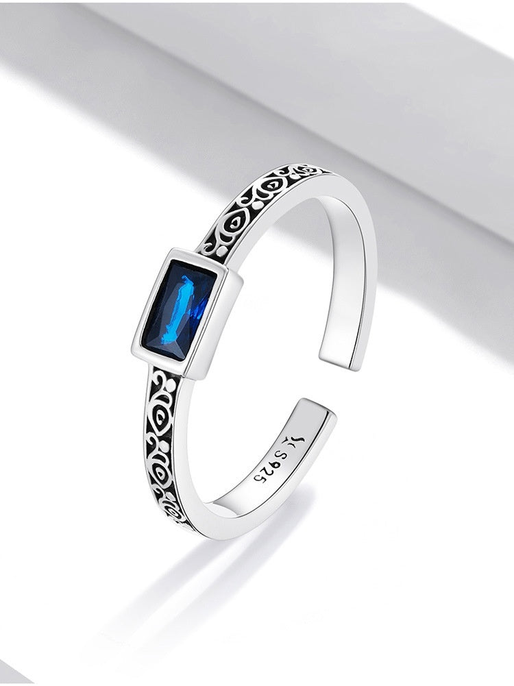 Sterling Silver Retro Pattern Square Zirconium Open Ring