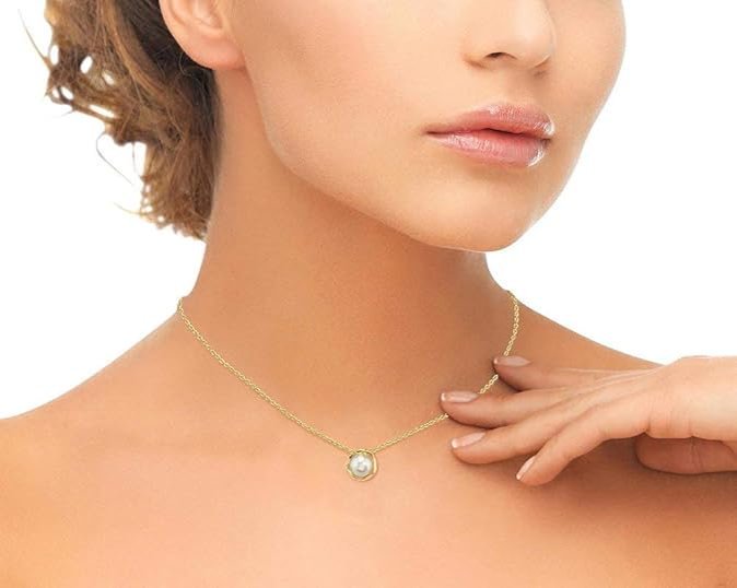 High Quality Round White Glass Pearl Pendant Necklace For Women In 14K Gold, 8-9mm