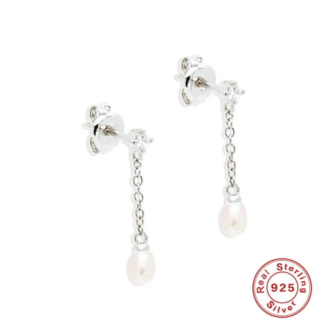 S925 Sterling Silver Tassel Diamond Temperamental Pearl Stud Earrings