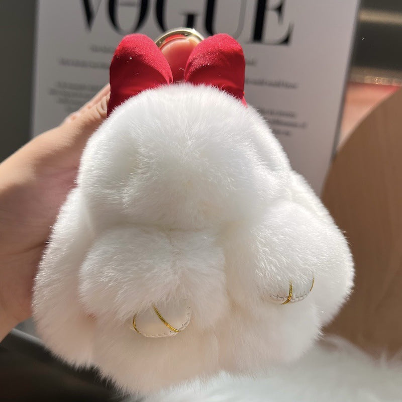 Cute Real Rex Rabbit Hair Bow Bunny Keychain
