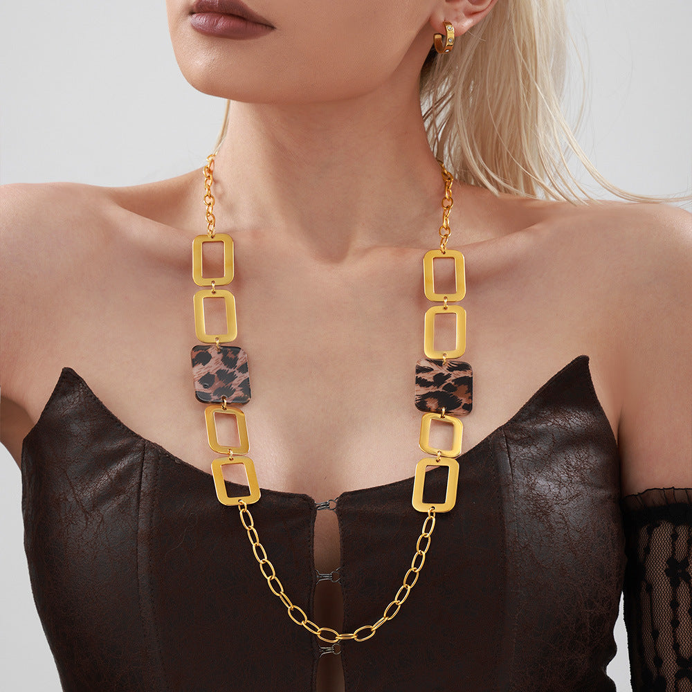 Stainless Steel Acrylic Leopard Print Square Necklace