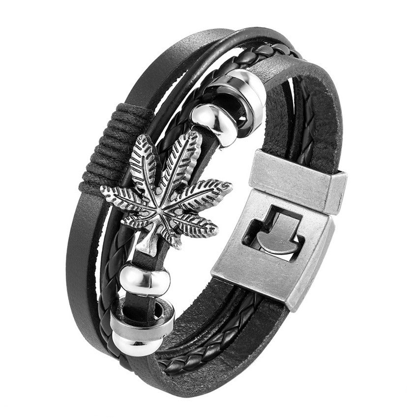 Genuine Leather Bracelet Vintage Ribbon Maple Leaf Ornament