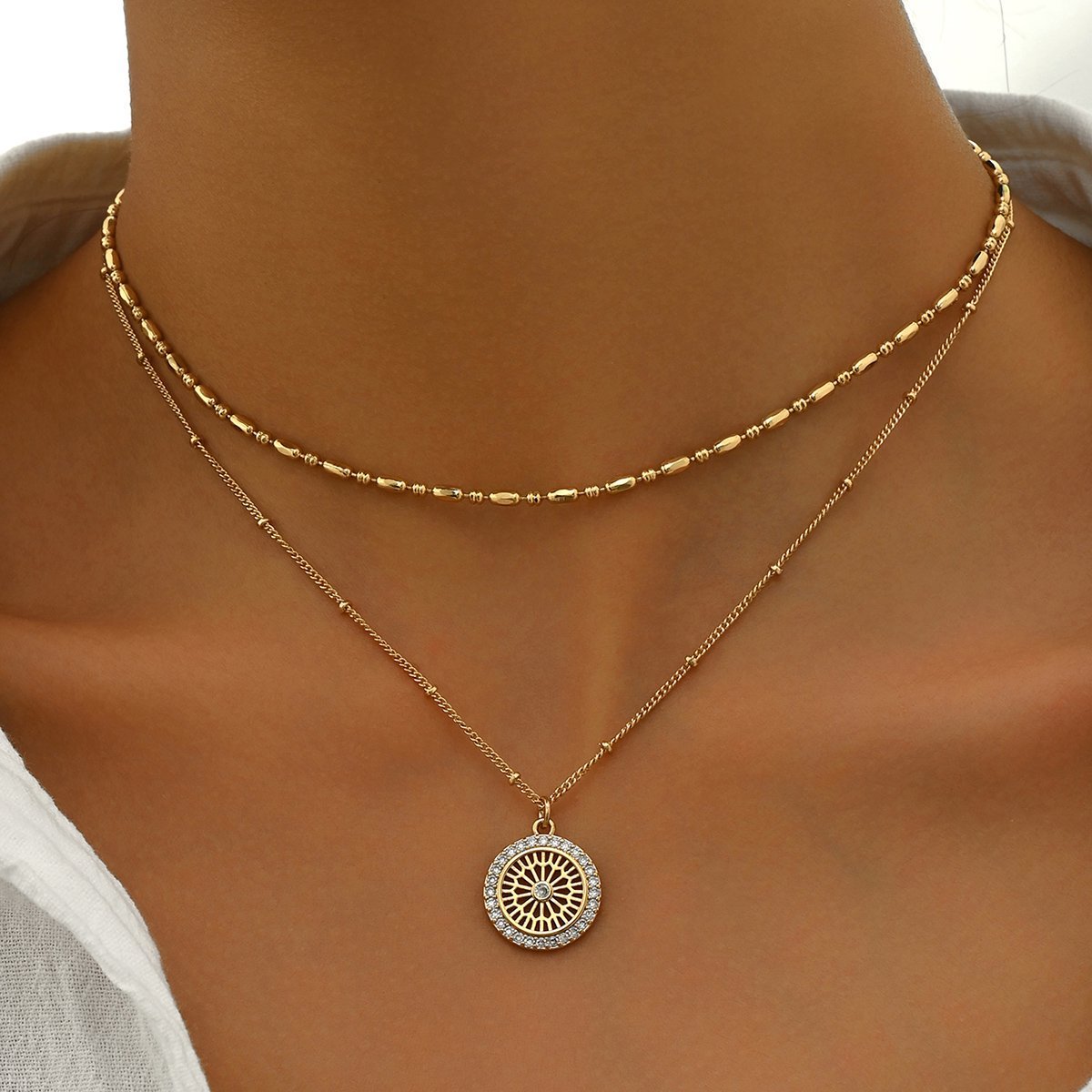 Elegant Gold Layered Necklace Set With Crystal Medallion Pendant