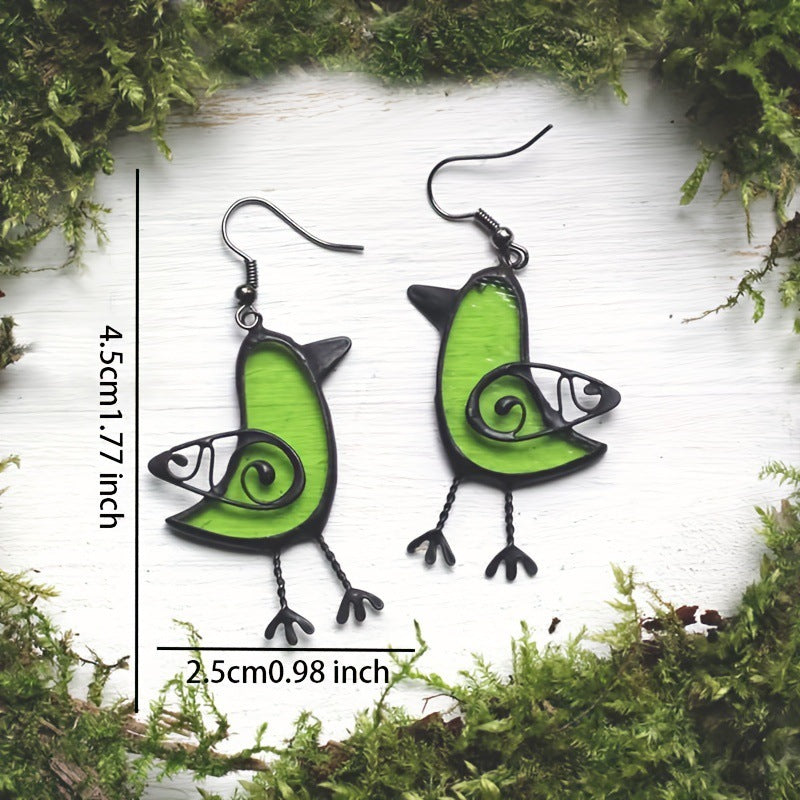 Unique Green Bird Drop Earrings