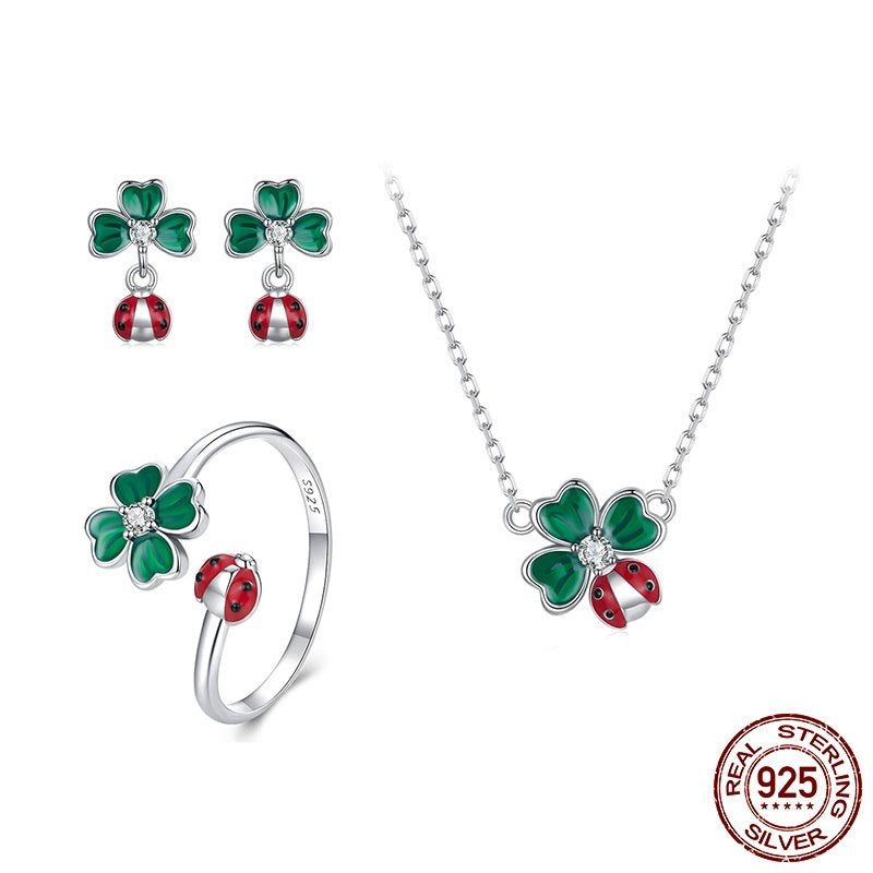 S925 Sterling Silver Ladybug Necklace Ring Earring Set