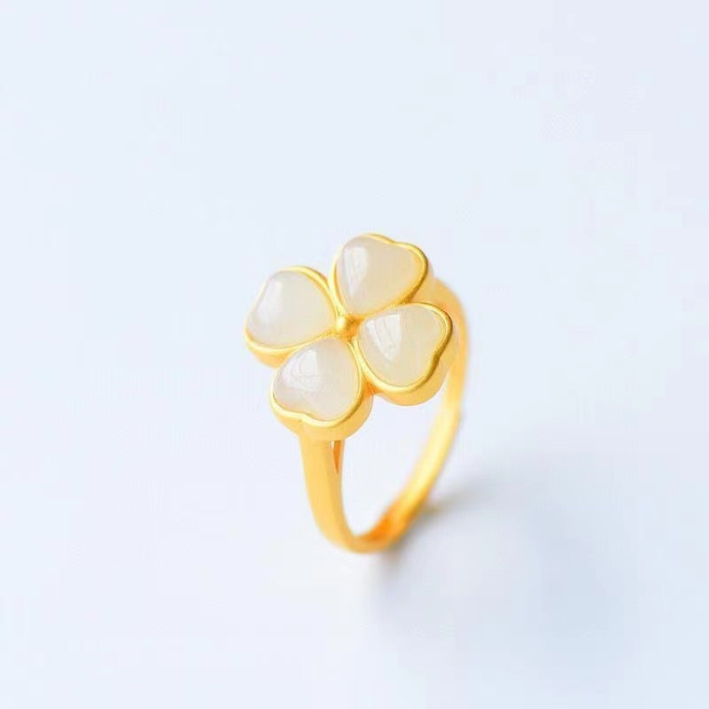 Four-Leaf Clover Jade Retro Ring