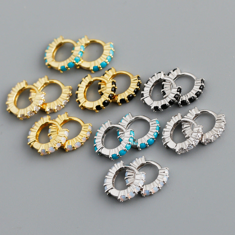 Circle-shaped Diamond Colorful Crystals Opal Zircon S925 Sterling Silver Earrings