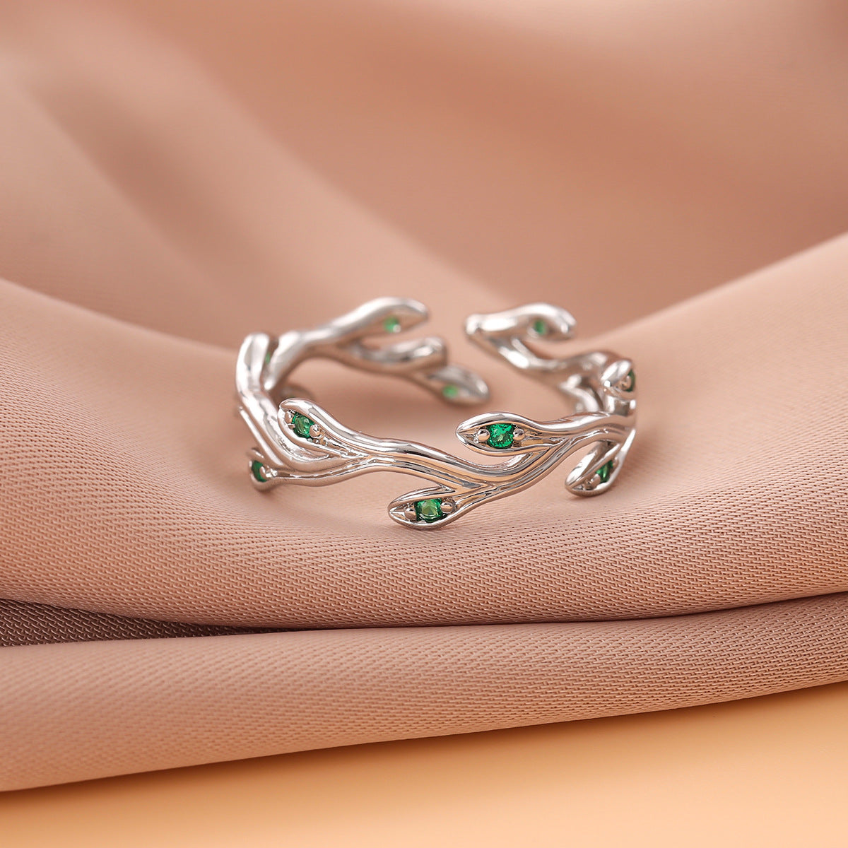 Green Emerald Branch Elegant Personality Leaf Open Ring