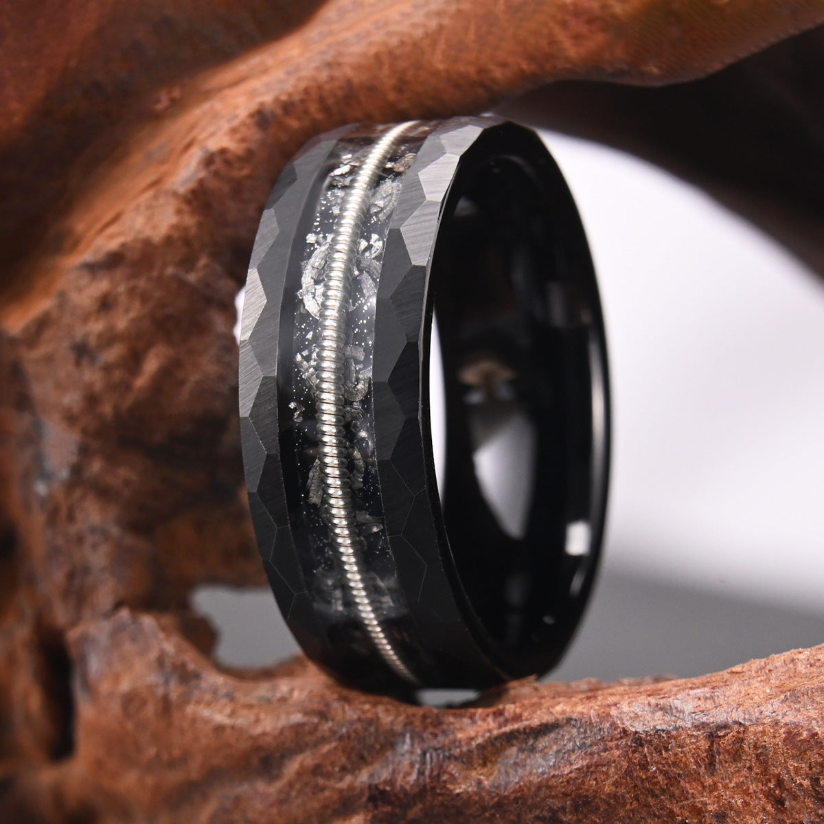 8 Wide Electric Black Tungsten Steel Inlaid Guitar Wire Ring