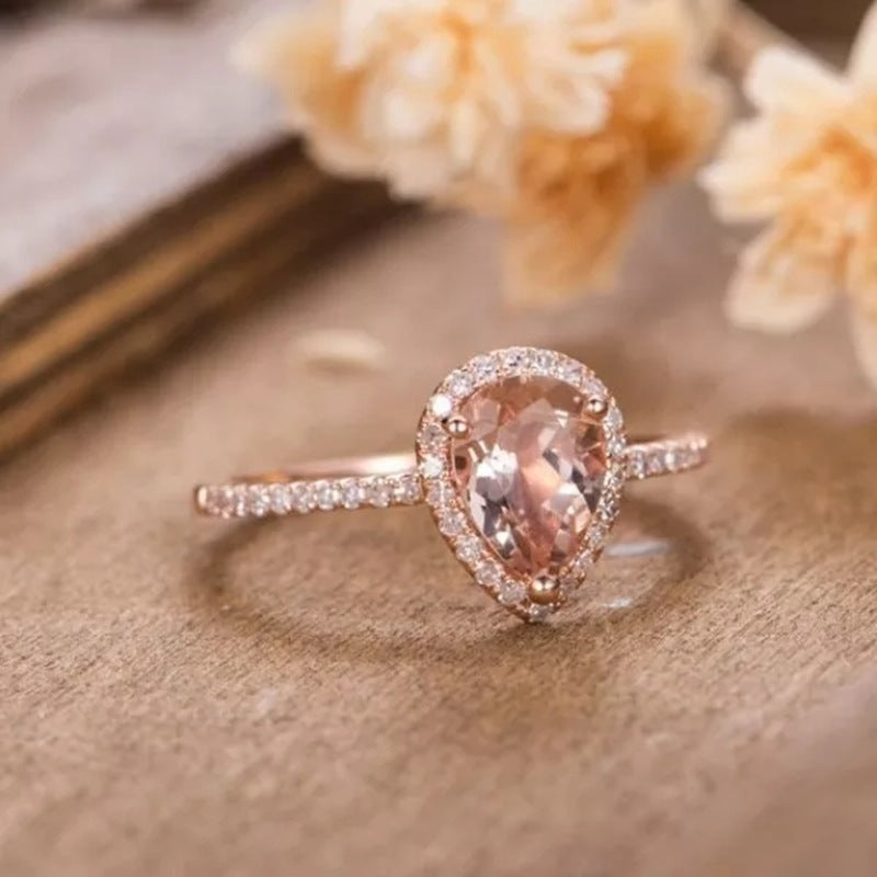 18K Rose Gold Plated Inlaid Pink Crystal Water Drop Pear-shaped Ring