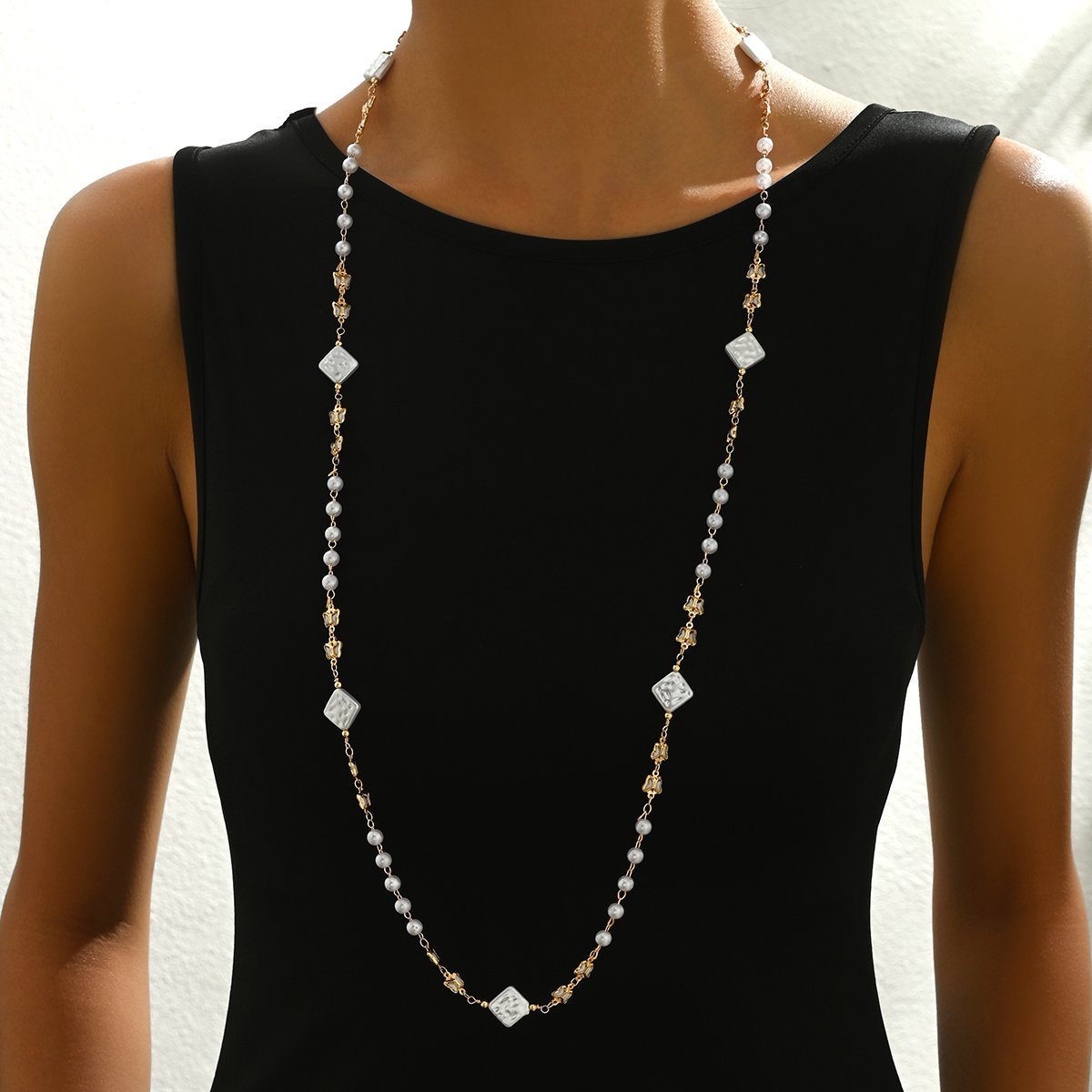 Elegant Double Layer Pearl And Square Bead Necklace