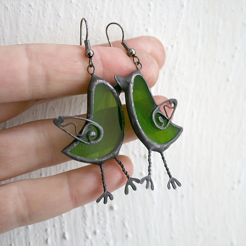 Unique Green Bird Drop Earrings