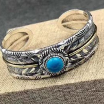 Women's Retro Feather Turquoise Open Bracelet
