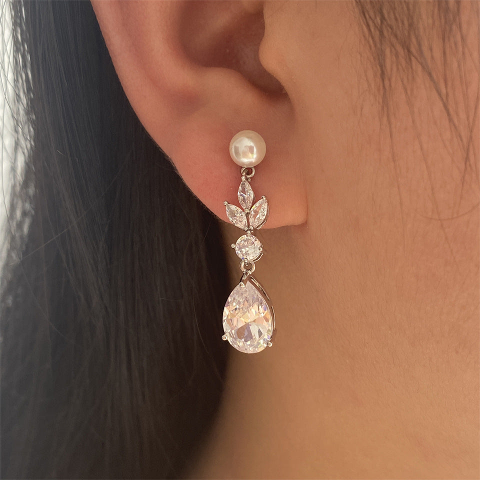Fashion Leaves Zircon Water Drop Earrings