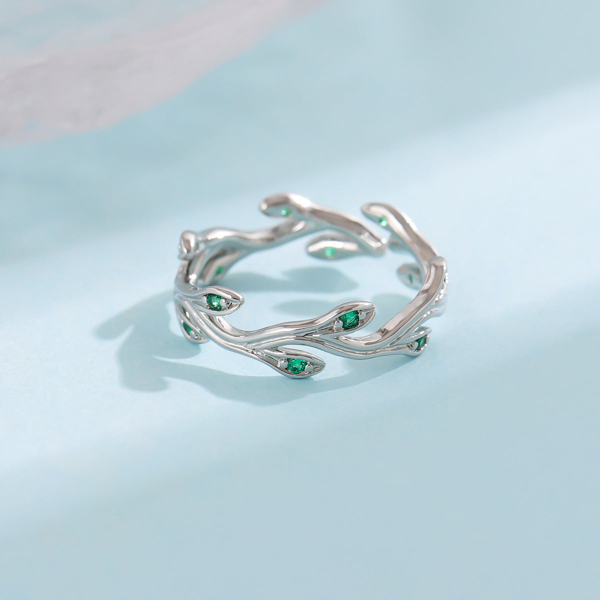 Green Emerald Branch Elegant Personality Leaf Open Ring
