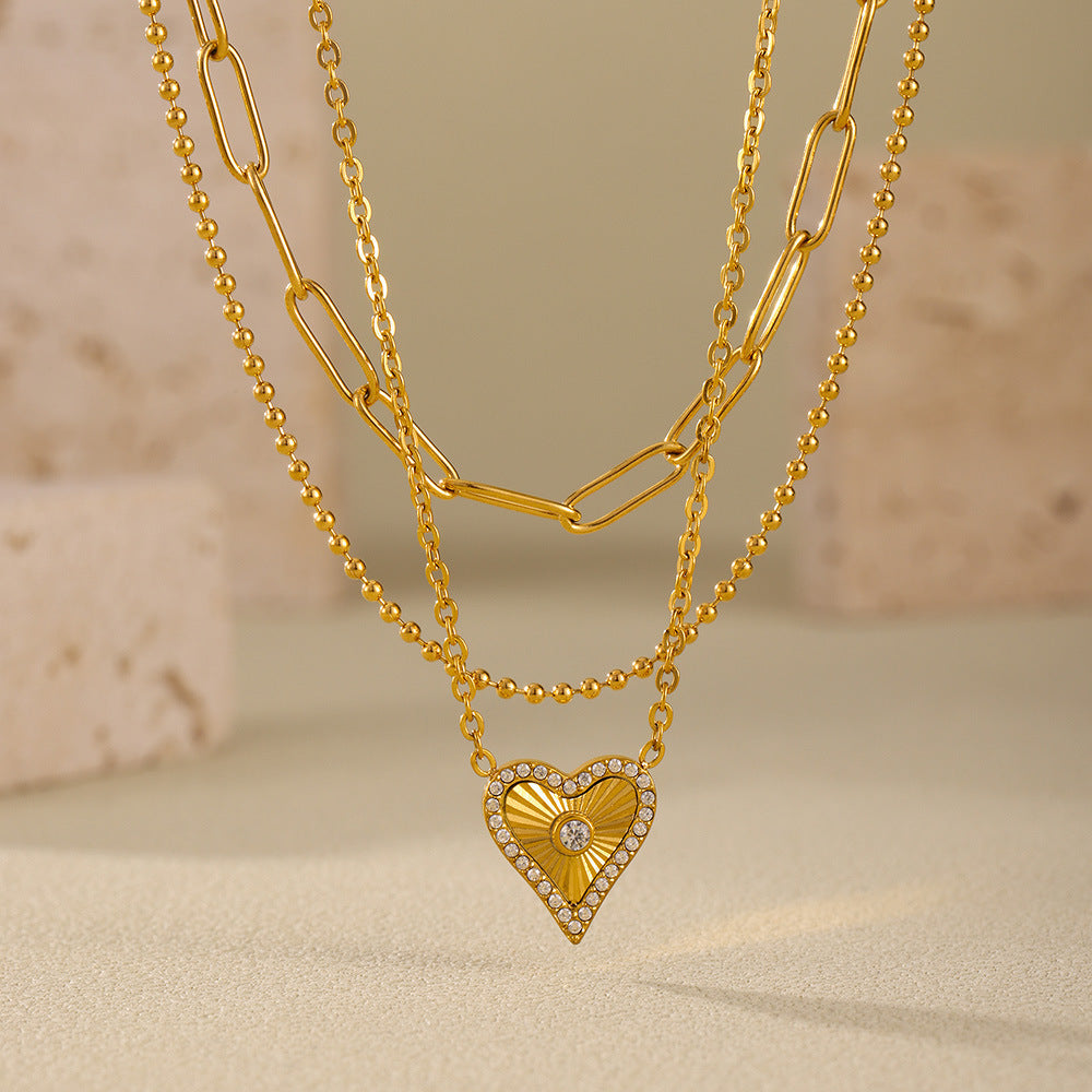 Double-layer Flower-picking Heart-shaped Diamond Top Chain Necklace