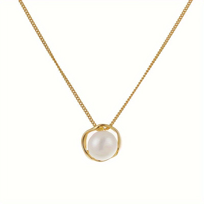 High Quality Round White Glass Pearl Pendant Necklace For Women In 14K Gold, 8-9mm