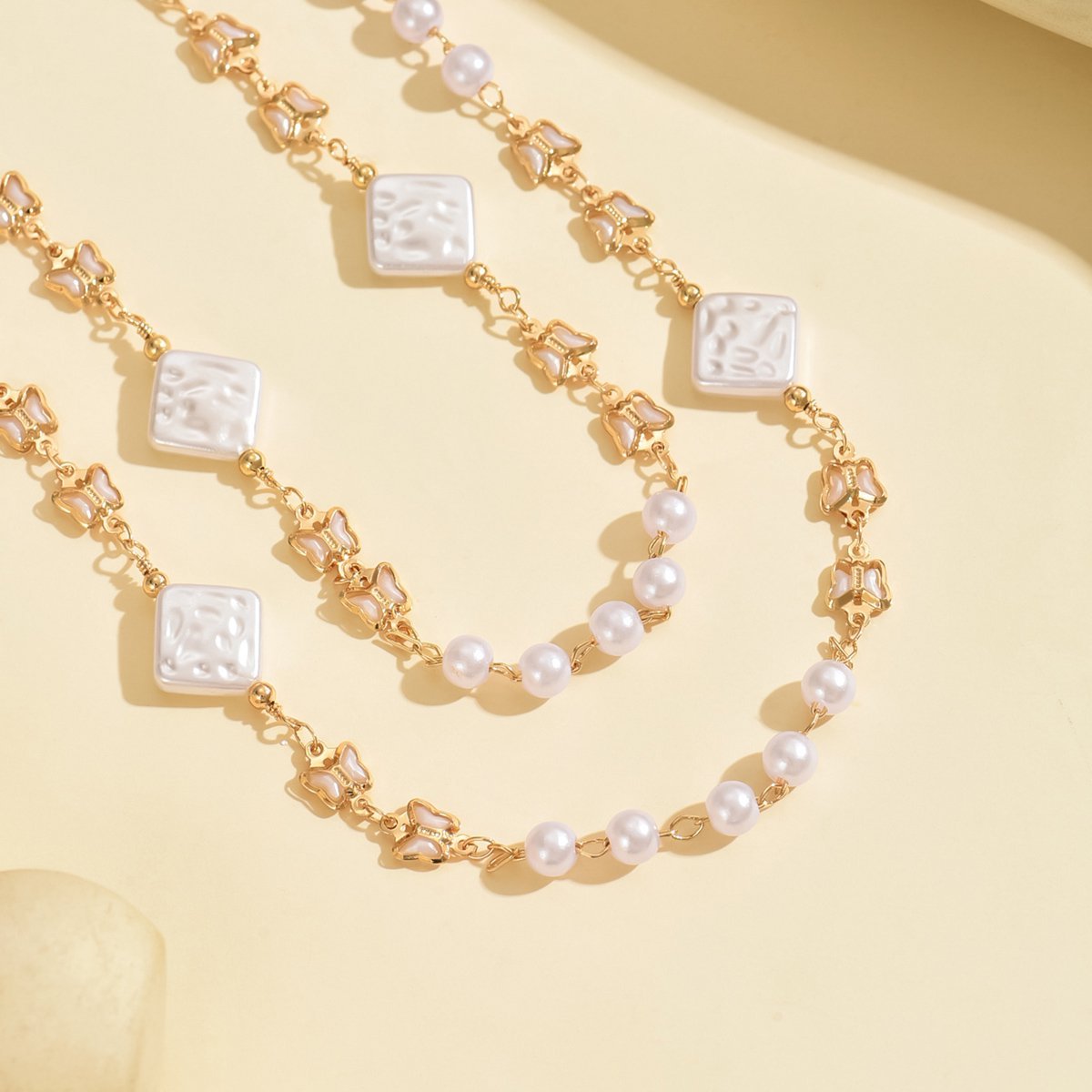 Elegant Double Layer Pearl And Square Bead Necklace