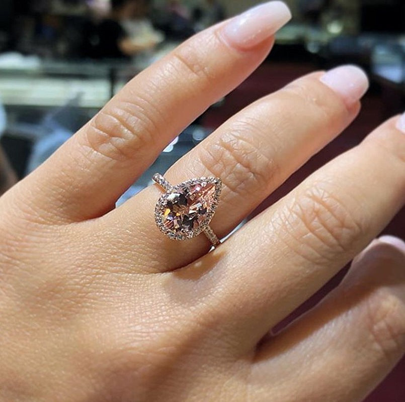 18K Rose Gold Plated Inlaid Pink Crystal Water Drop Pear-shaped Ring