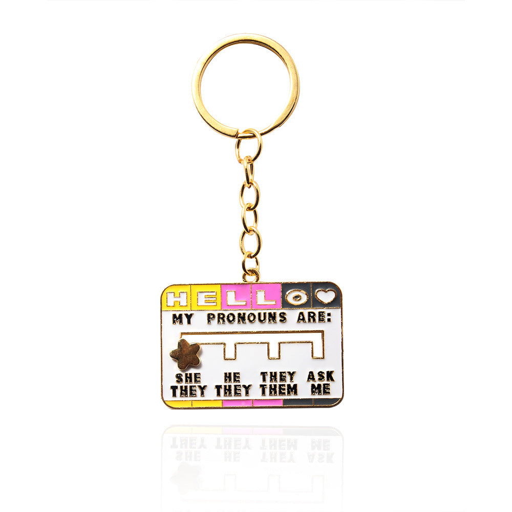 My Social Pronoun Sliding Selection Cartoon Brooch Metal Keychains