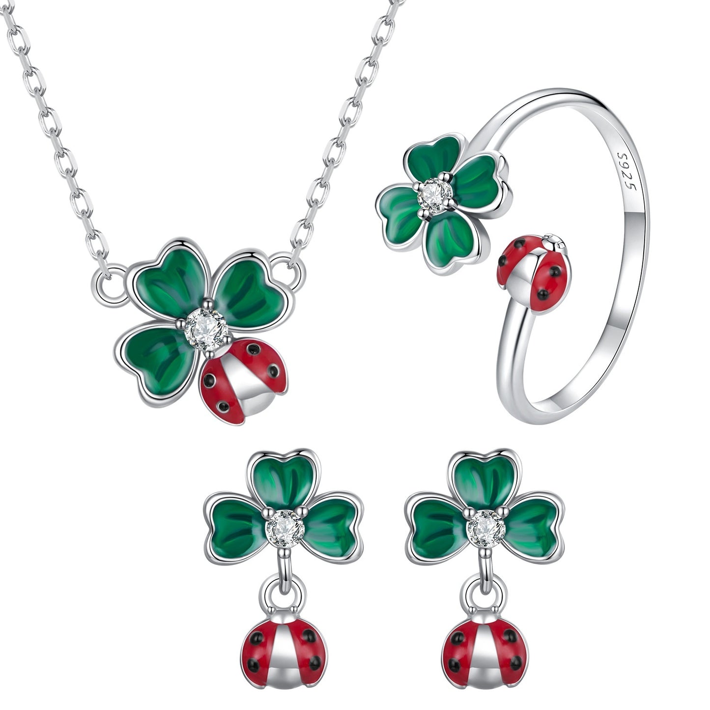 S925 Sterling Silver Ladybug Necklace Ring Earring Set
