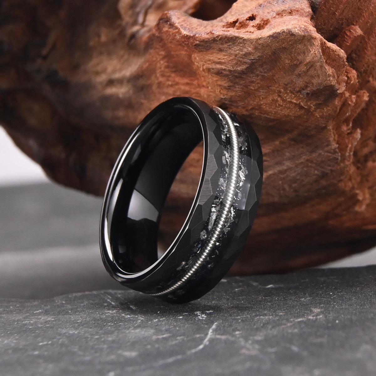 8 Wide Electric Black Tungsten Steel Inlaid Guitar Wire Ring