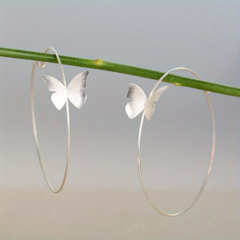 Fashionable Large Hoop Earrings With Butterfly Design Silver Color For Women