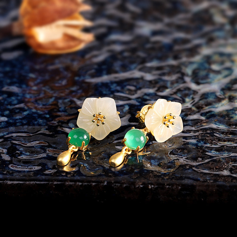 S925 Silver Plated Women's Floral Hetian Jade Ear Studs