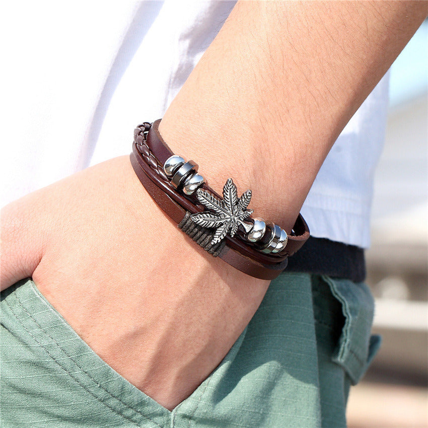 Genuine Leather Bracelet Vintage Ribbon Maple Leaf Ornament
