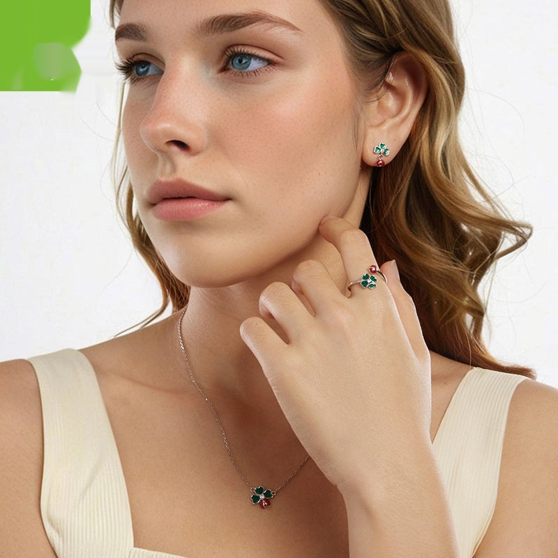 S925 Sterling Silver Ladybug Necklace Ring Earring Set